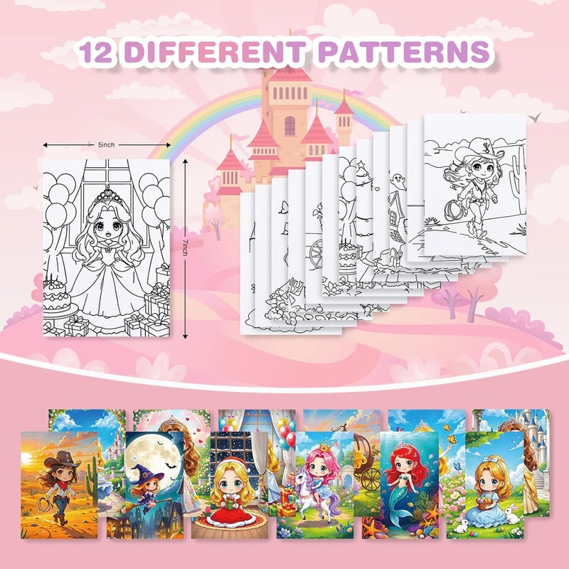 Zynlio 12 Packs Princess Pre Drawn Canvas for Painting, Pre Printed Cute Bulk Painting Canvas with Pictures to Paint Gift - Image 2
